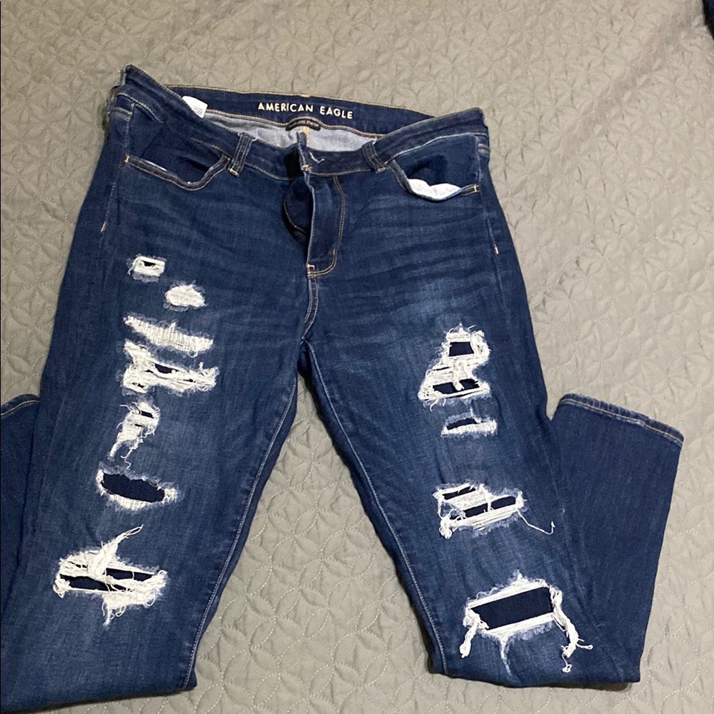American Eagle Outfitters Blue Skinny Jeans with Distressed Design